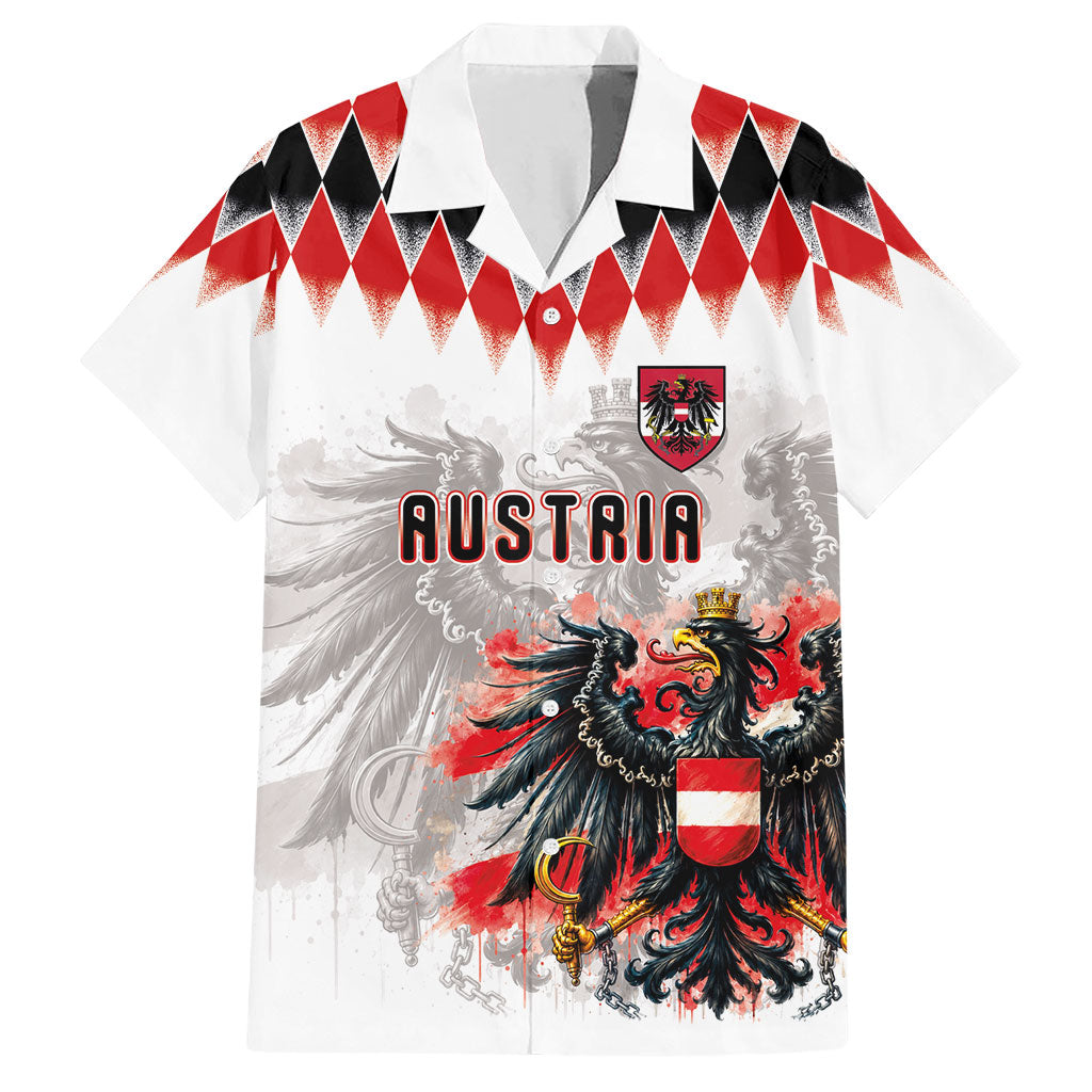 Custom Austria National Football Hawaiian Shirt Argyle Diamond Pattern with Eagle Watercolor Paint Splash Graphic Art
