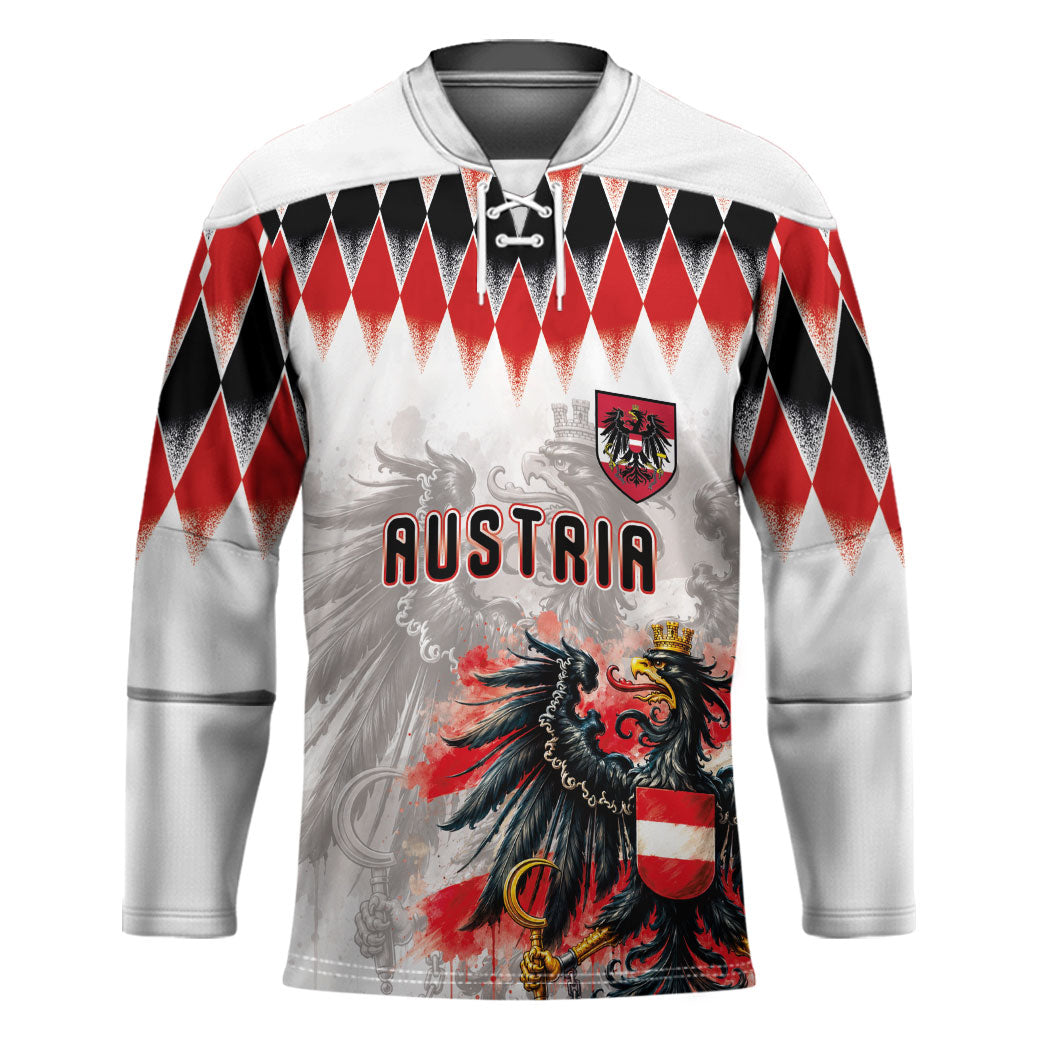 Custom Austria National Football Hockey Jersey Argyle Diamond Pattern with Eagle Watercolor Paint Splash Graphic Art