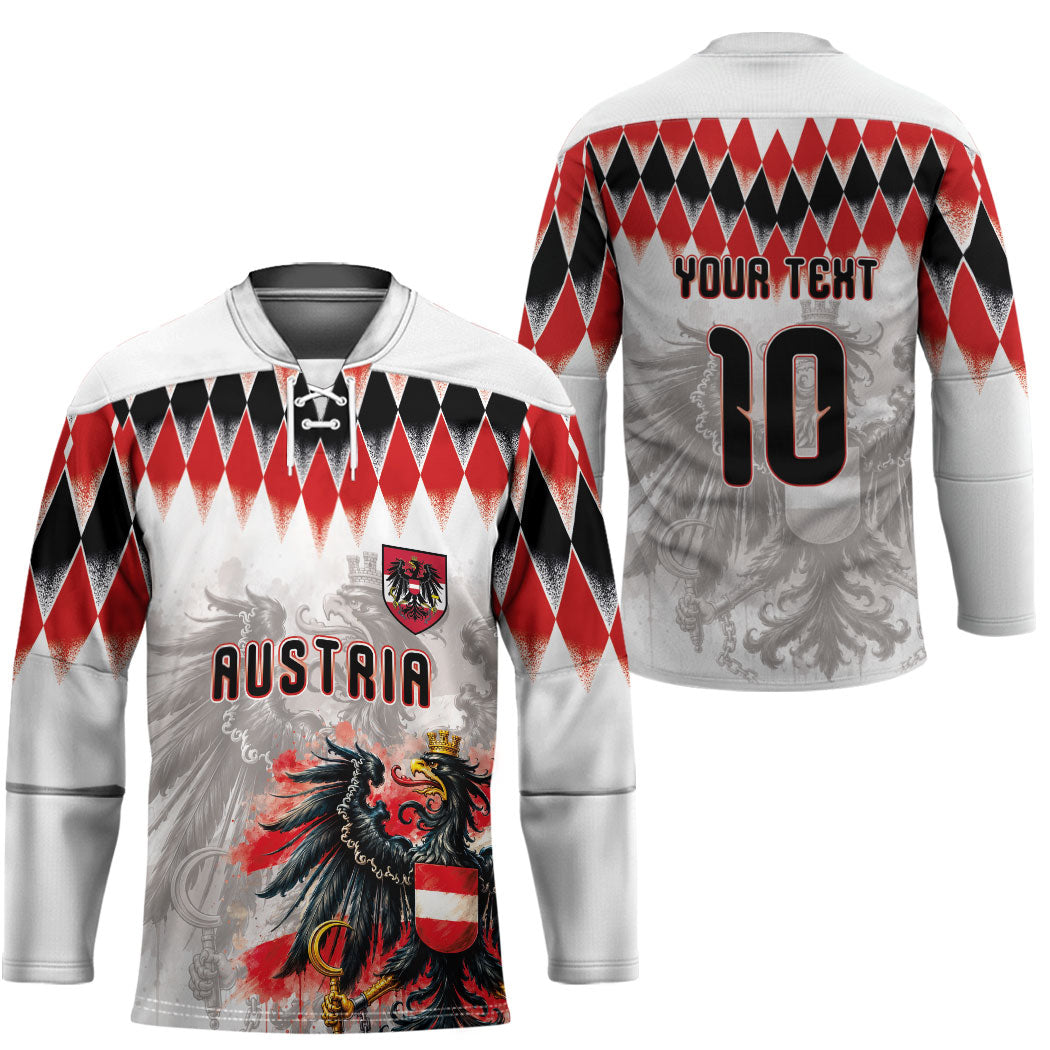 Custom Austria National Football Hockey Jersey Argyle Diamond Pattern with Eagle Watercolor Paint Splash Graphic Art