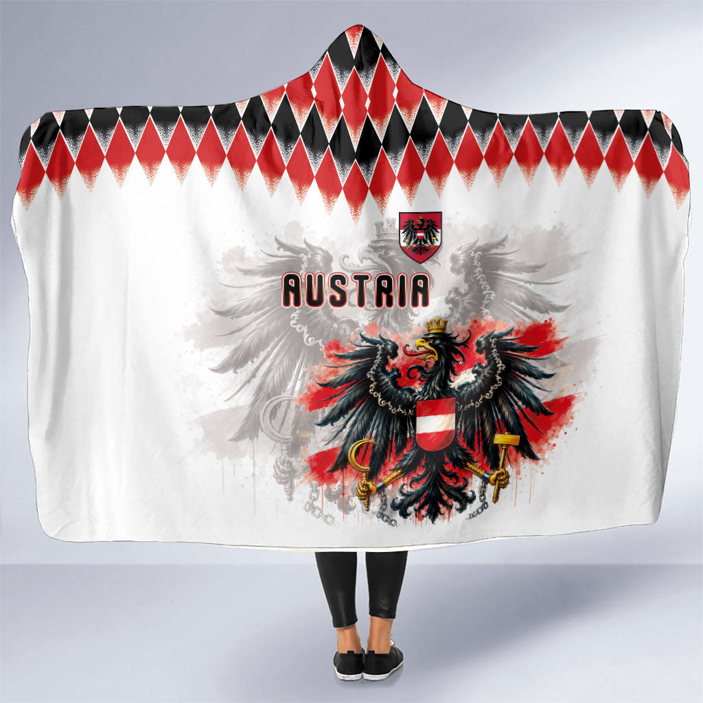 Austria National Football Hooded Blanket Argyle Diamond Pattern with Eagle Watercolor Paint Splash Graphic Art