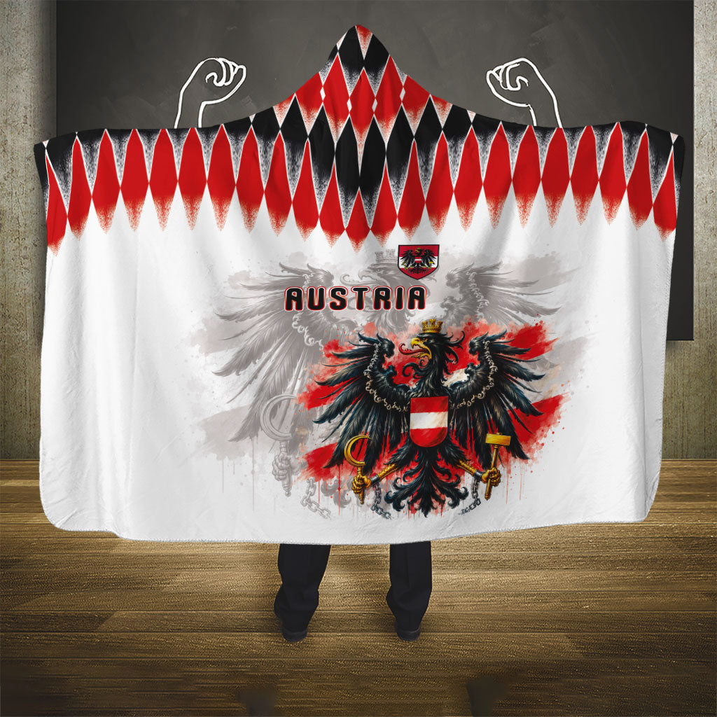 Austria National Football Hooded Blanket Argyle Diamond Pattern with Eagle Watercolor Paint Splash Graphic Art