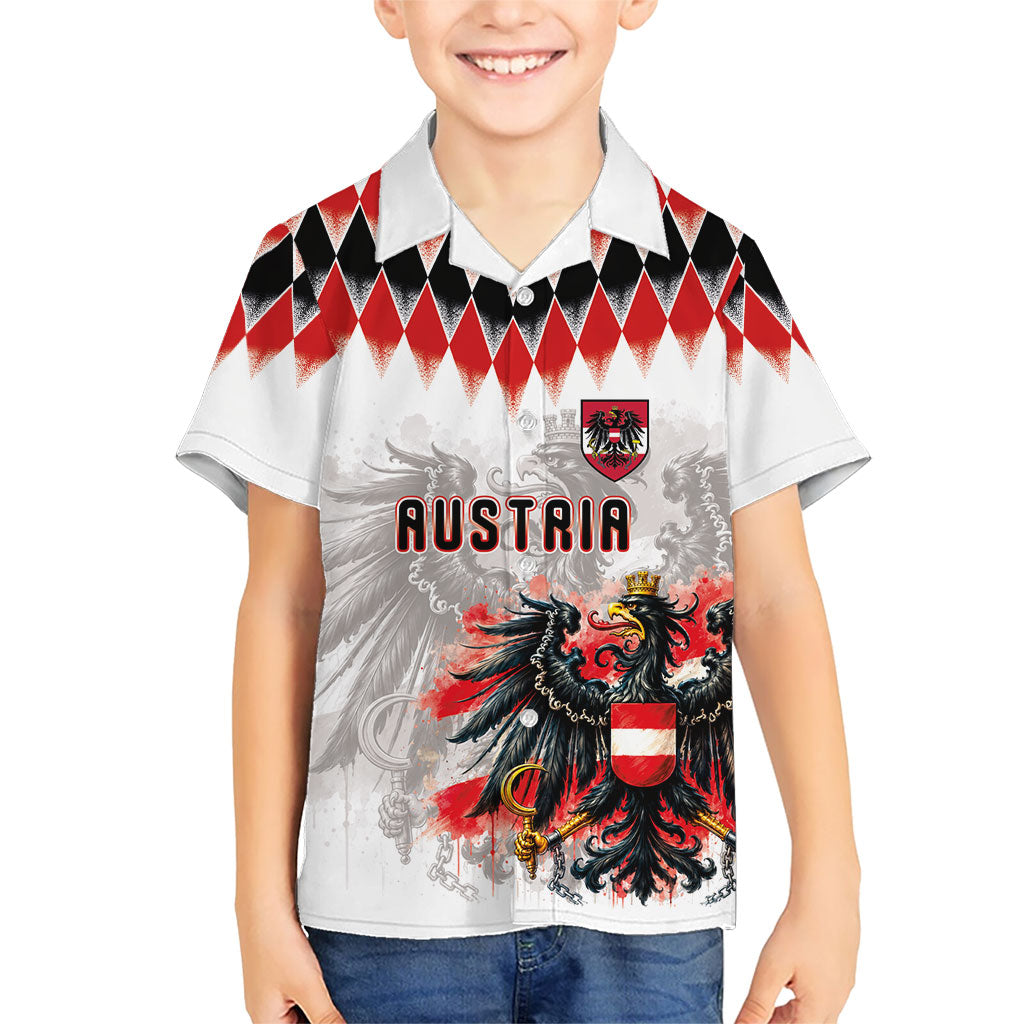 Custom Austria National Football Kid Hawaiian Shirt Argyle Diamond Pattern with Eagle Watercolor Paint Splash Graphic Art