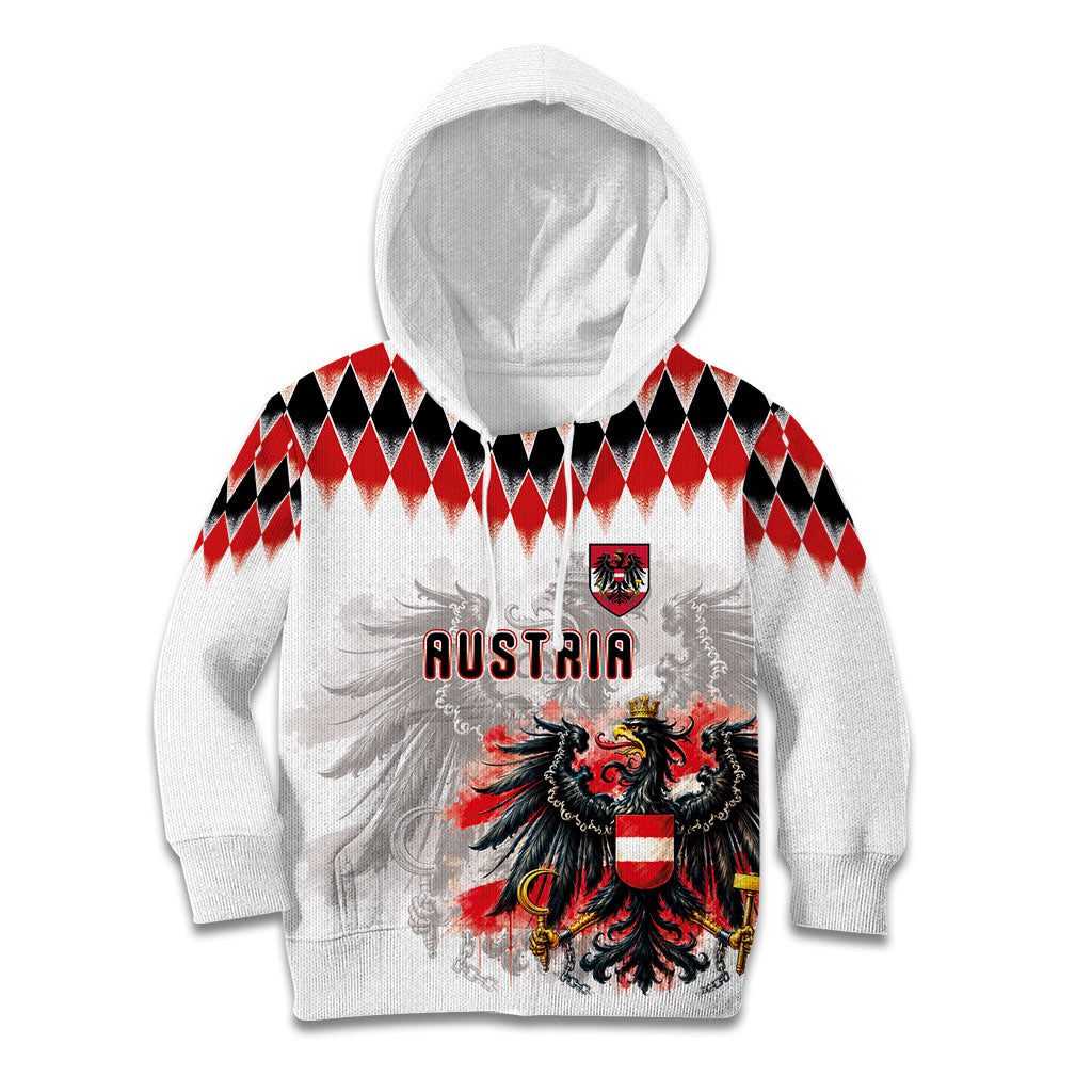 Custom Austria National Football Kid Hoodie Argyle Diamond Pattern with Eagle Watercolor Paint Splash Graphic Art