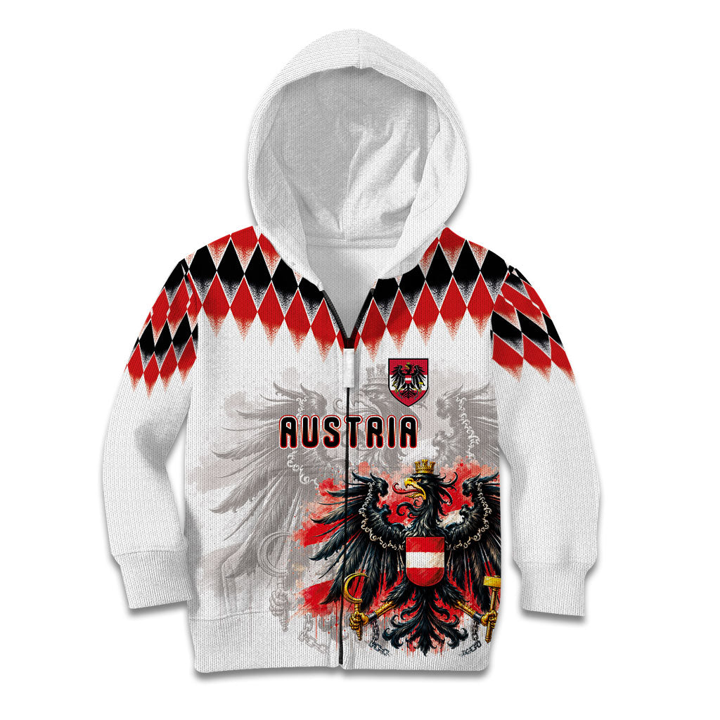 Custom Austria National Football Kid Hoodie Argyle Diamond Pattern with Eagle Watercolor Paint Splash Graphic Art