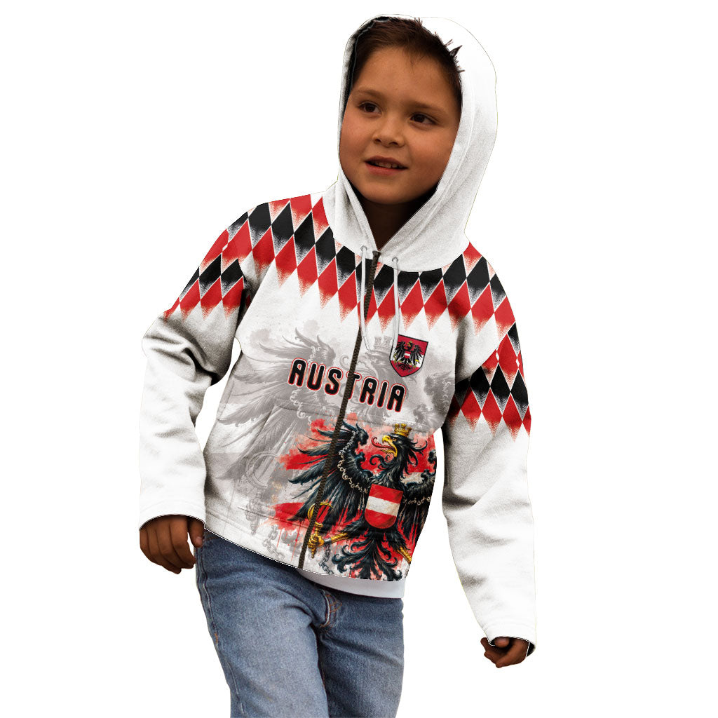 Custom Austria National Football Kid Hoodie Argyle Diamond Pattern with Eagle Watercolor Paint Splash Graphic Art