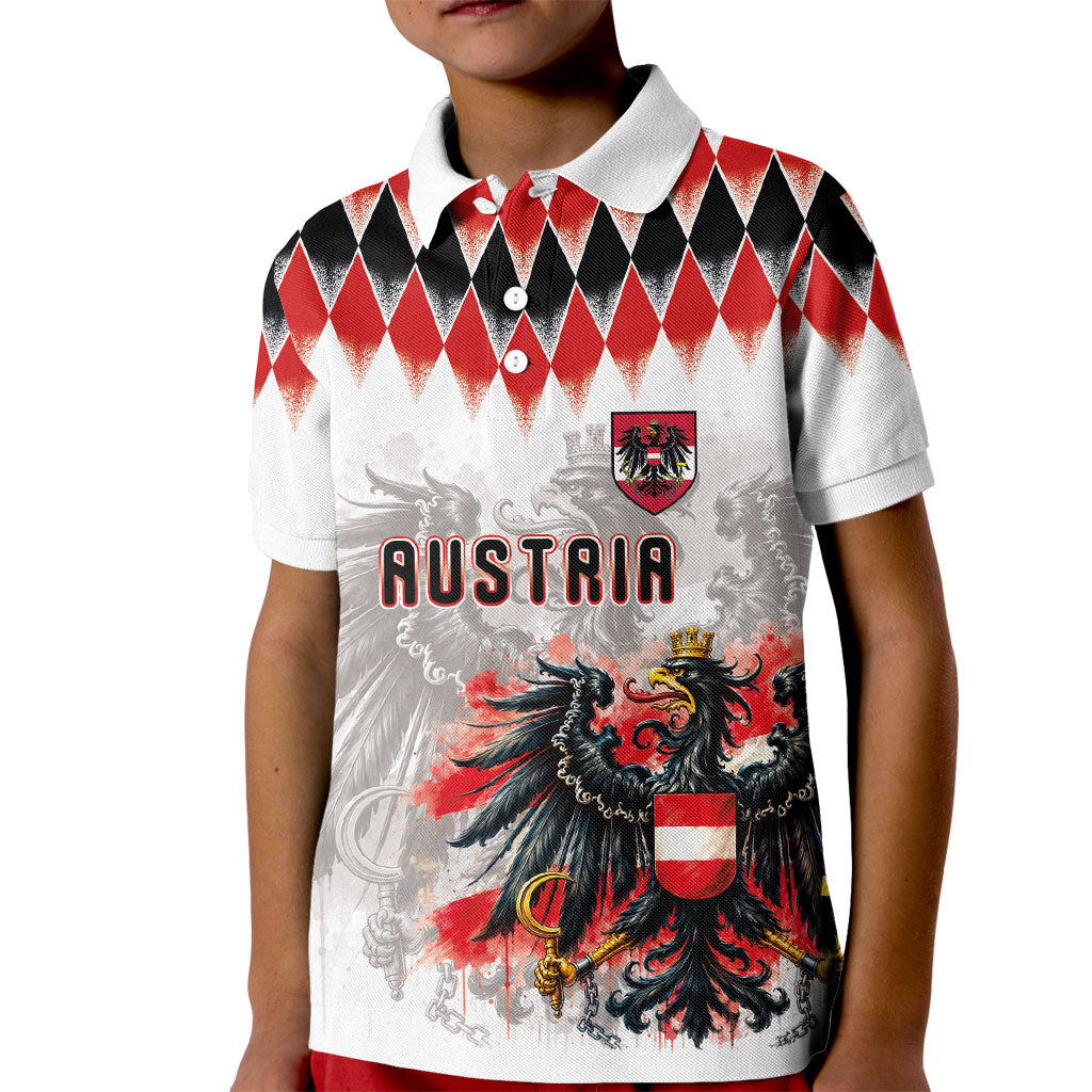 Custom Austria National Football Kid Polo Shirt Argyle Diamond Pattern with Eagle Watercolor Paint Splash Graphic Art