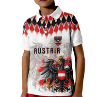 Custom Austria National Football Kid Polo Shirt Argyle Diamond Pattern with Eagle Watercolor Paint Splash Graphic Art