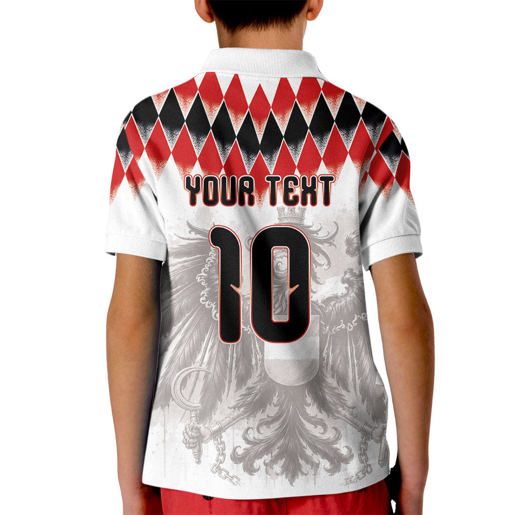 Custom Austria National Football Kid Polo Shirt Argyle Diamond Pattern with Eagle Watercolor Paint Splash Graphic Art