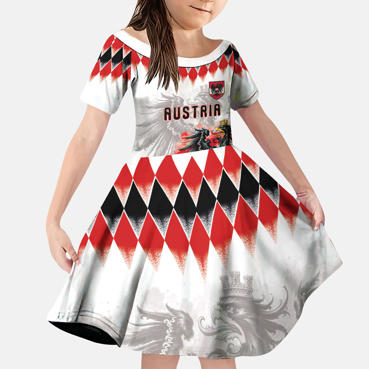 Custom Austria National Football Kid Short Sleeve Dress Argyle Diamond Pattern with Eagle Watercolor Paint Splash Graphic Art