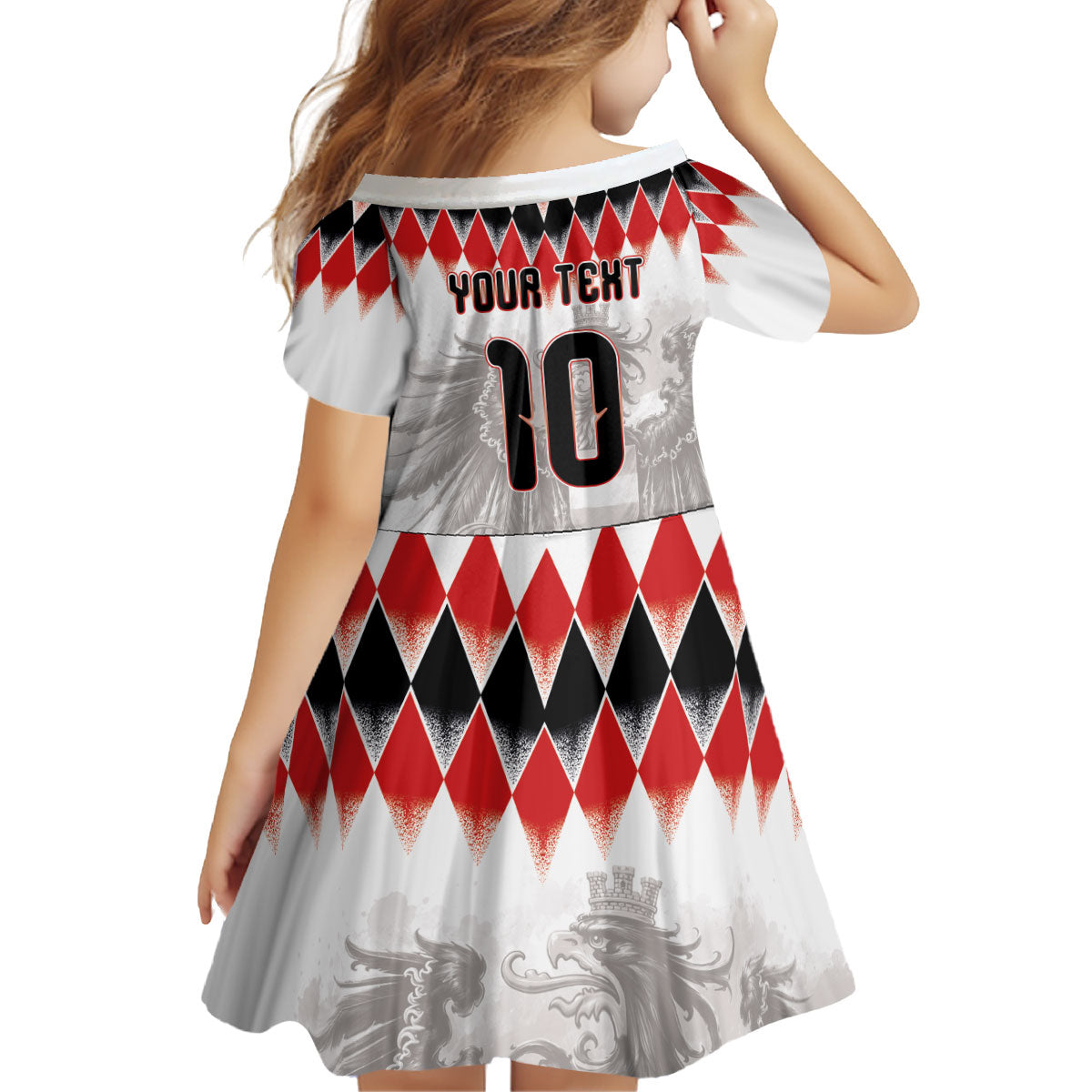 Custom Austria National Football Kid Short Sleeve Dress Argyle Diamond Pattern with Eagle Watercolor Paint Splash Graphic Art