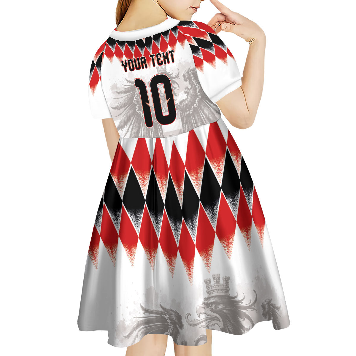 Custom Austria National Football Kid Short Sleeve Dress Argyle Diamond Pattern with Eagle Watercolor Paint Splash Graphic Art