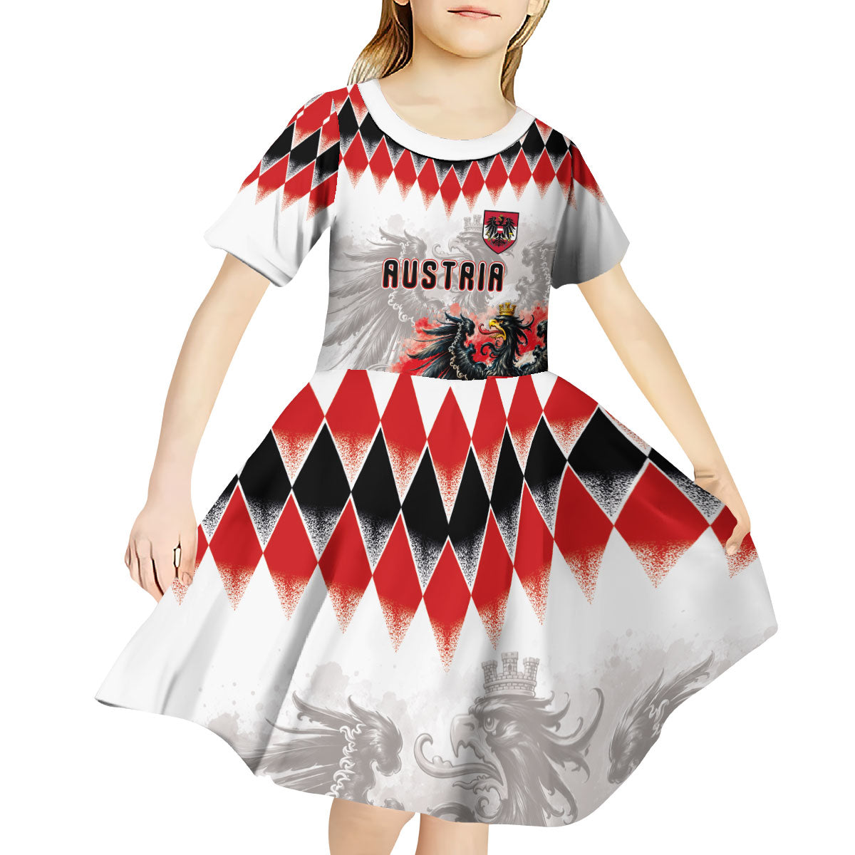 Custom Austria National Football Kid Short Sleeve Dress Argyle Diamond Pattern with Eagle Watercolor Paint Splash Graphic Art