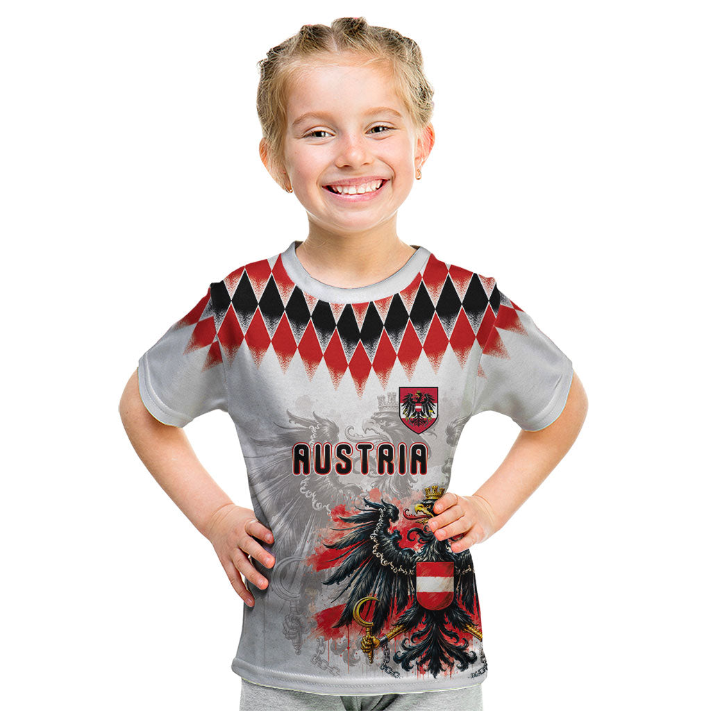 Custom Austria National Football Kid T Shirt Argyle Diamond Pattern with Eagle Watercolor Paint Splash Graphic Art