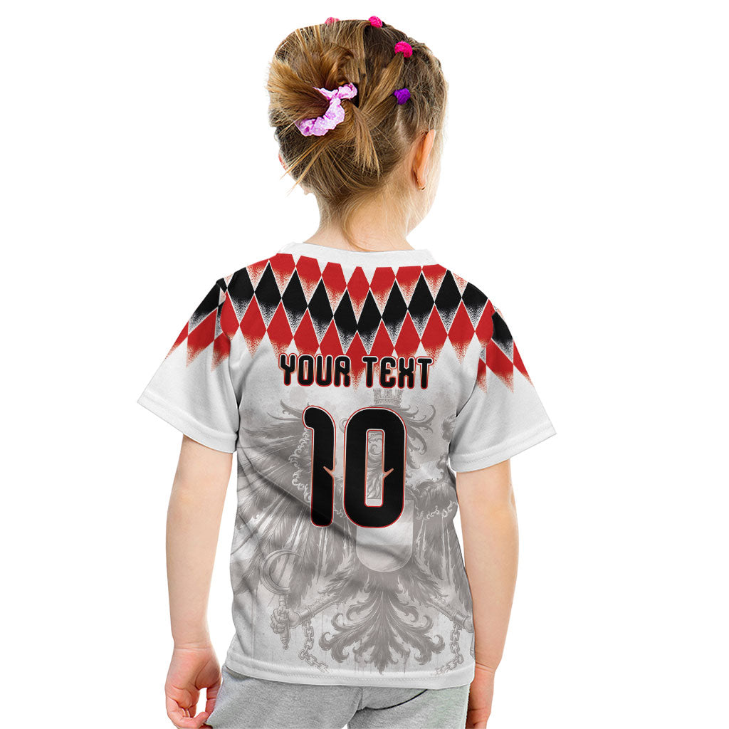 Custom Austria National Football Kid T Shirt Argyle Diamond Pattern with Eagle Watercolor Paint Splash Graphic Art