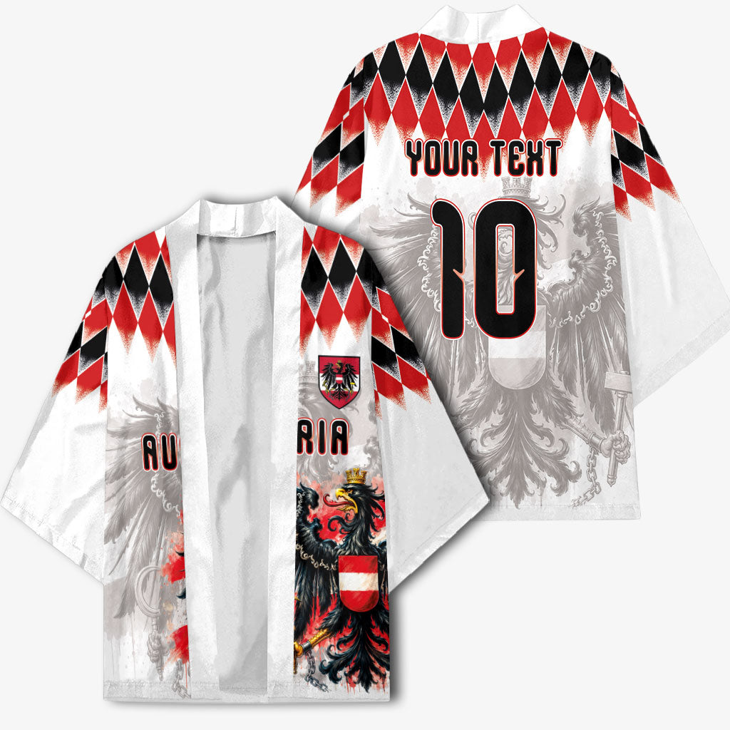 Custom Austria National Football Kimono Argyle Diamond Pattern with Eagle Watercolor Paint Splash Graphic Art