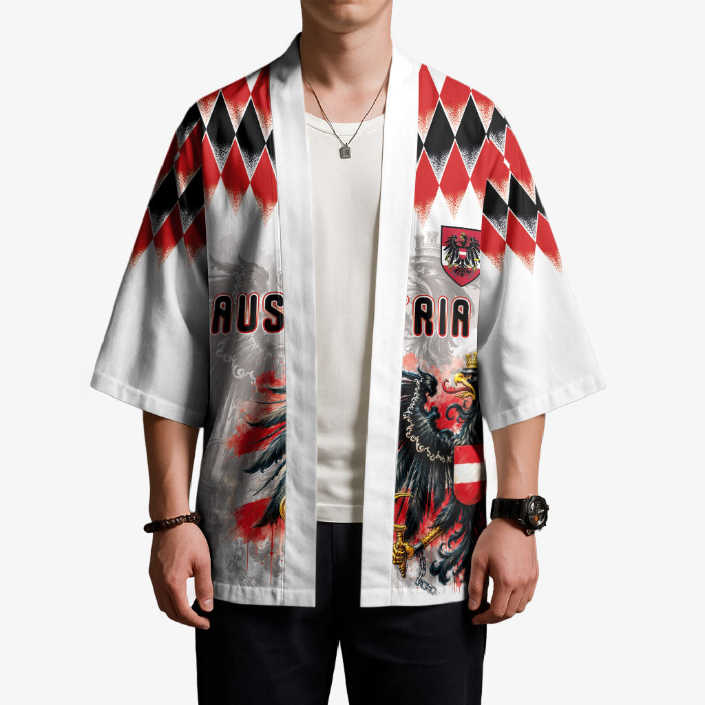 Custom Austria National Football Kimono Argyle Diamond Pattern with Eagle Watercolor Paint Splash Graphic Art
