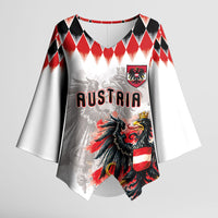 Custom Austria National Football Kimono Sleeve Blouse Argyle Diamond Pattern with Eagle Watercolor Paint Splash Graphic Art