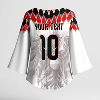 Custom Austria National Football Kimono Sleeve Blouse Argyle Diamond Pattern with Eagle Watercolor Paint Splash Graphic Art