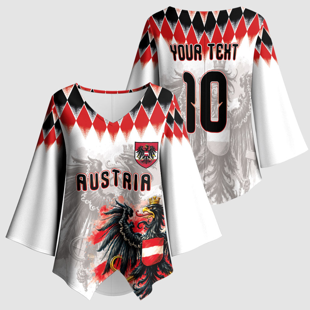 Custom Austria National Football Kimono Sleeve Blouse Argyle Diamond Pattern with Eagle Watercolor Paint Splash Graphic Art