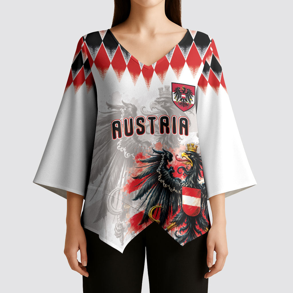 Custom Austria National Football Kimono Sleeve Blouse Argyle Diamond Pattern with Eagle Watercolor Paint Splash Graphic Art