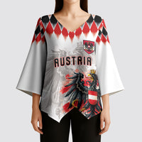 Custom Austria National Football Kimono Sleeve Blouse Argyle Diamond Pattern with Eagle Watercolor Paint Splash Graphic Art
