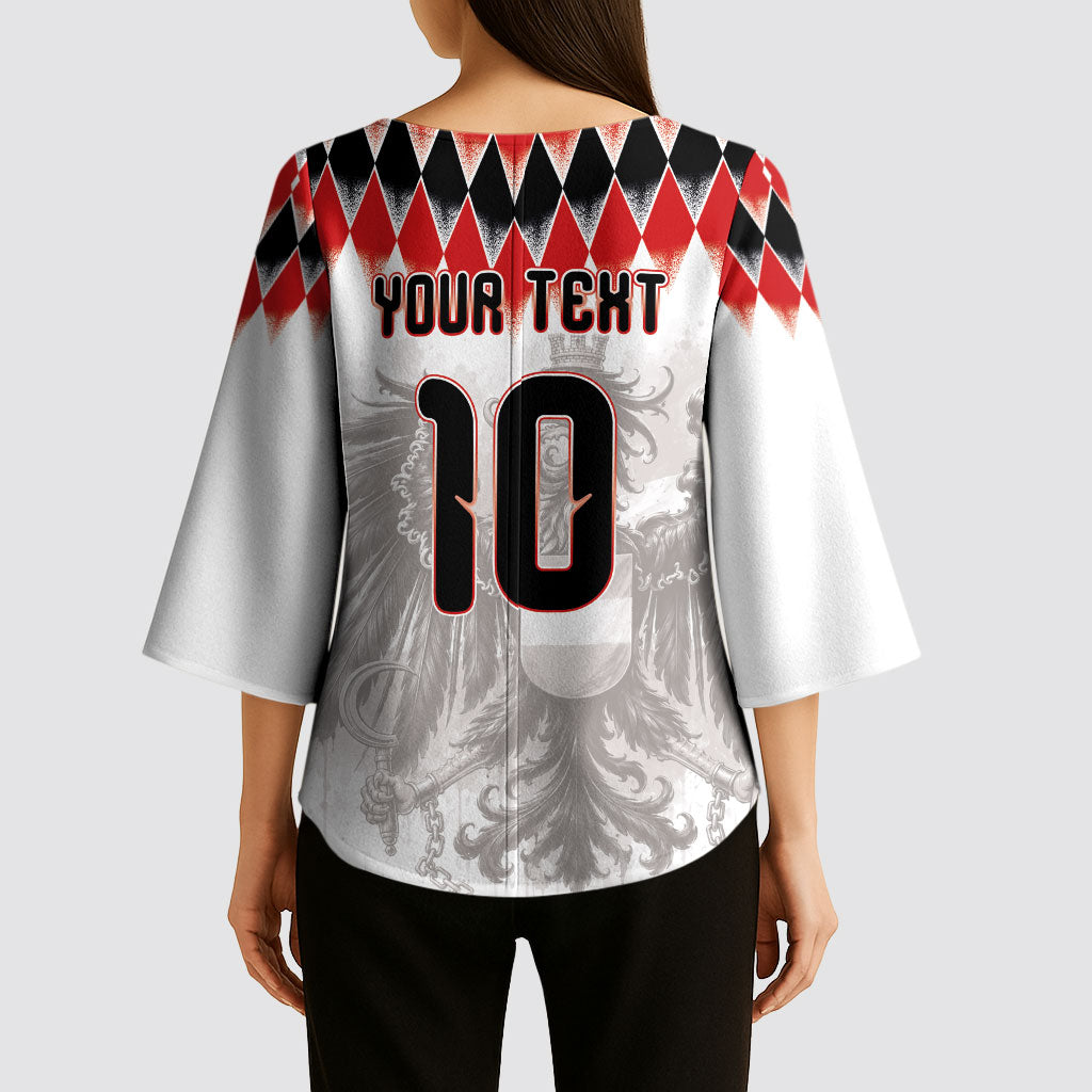 Custom Austria National Football Kimono Sleeve Blouse Argyle Diamond Pattern with Eagle Watercolor Paint Splash Graphic Art