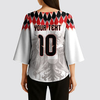 Custom Austria National Football Kimono Sleeve Blouse Argyle Diamond Pattern with Eagle Watercolor Paint Splash Graphic Art