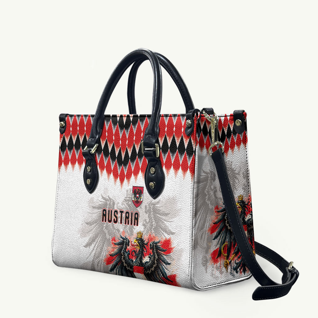 Austria National Football Leather Bag Argyle Diamond Pattern with Eagle Watercolor Paint Splash Graphic Art