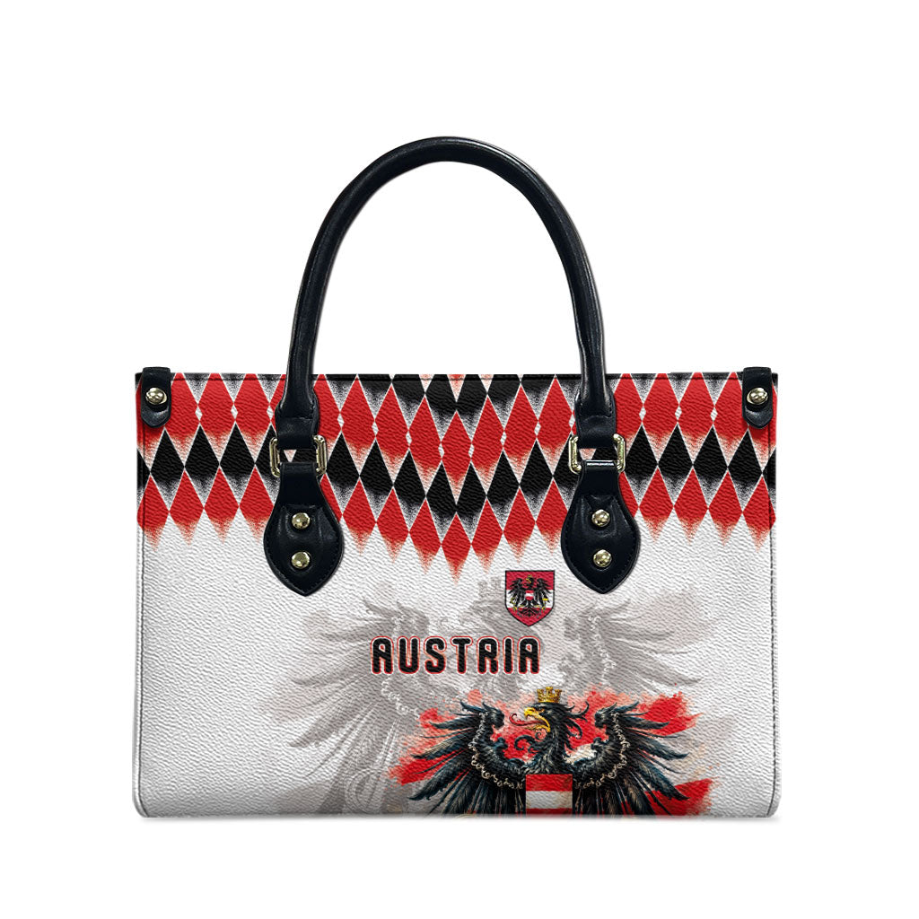 Austria National Football Leather Bag Argyle Diamond Pattern with Eagle Watercolor Paint Splash Graphic Art
