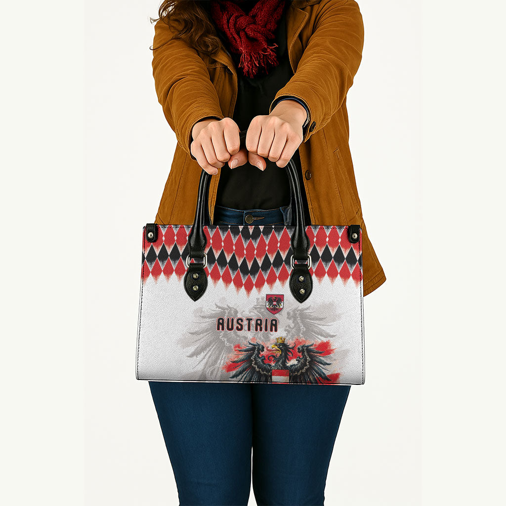 Austria National Football Leather Bag Argyle Diamond Pattern with Eagle Watercolor Paint Splash Graphic Art
