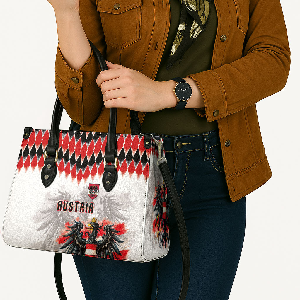 Austria National Football Leather Bag Argyle Diamond Pattern with Eagle Watercolor Paint Splash Graphic Art