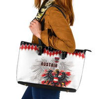 Austria National Football Leather Tote Bag Argyle Diamond Pattern with Eagle Watercolor Paint Splash Graphic Art