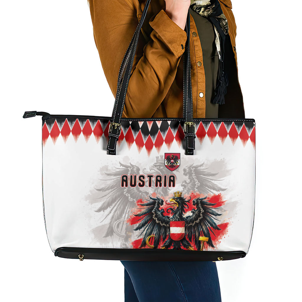 Austria National Football Leather Tote Bag Argyle Diamond Pattern with Eagle Watercolor Paint Splash Graphic Art