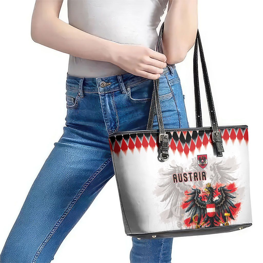 Austria National Football Leather Tote Bag Argyle Diamond Pattern with Eagle Watercolor Paint Splash Graphic Art