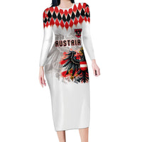 Custom Austria National Football Long Sleeve Bodycon Dress Argyle Diamond Pattern with Eagle Watercolor Paint Splash Graphic Art