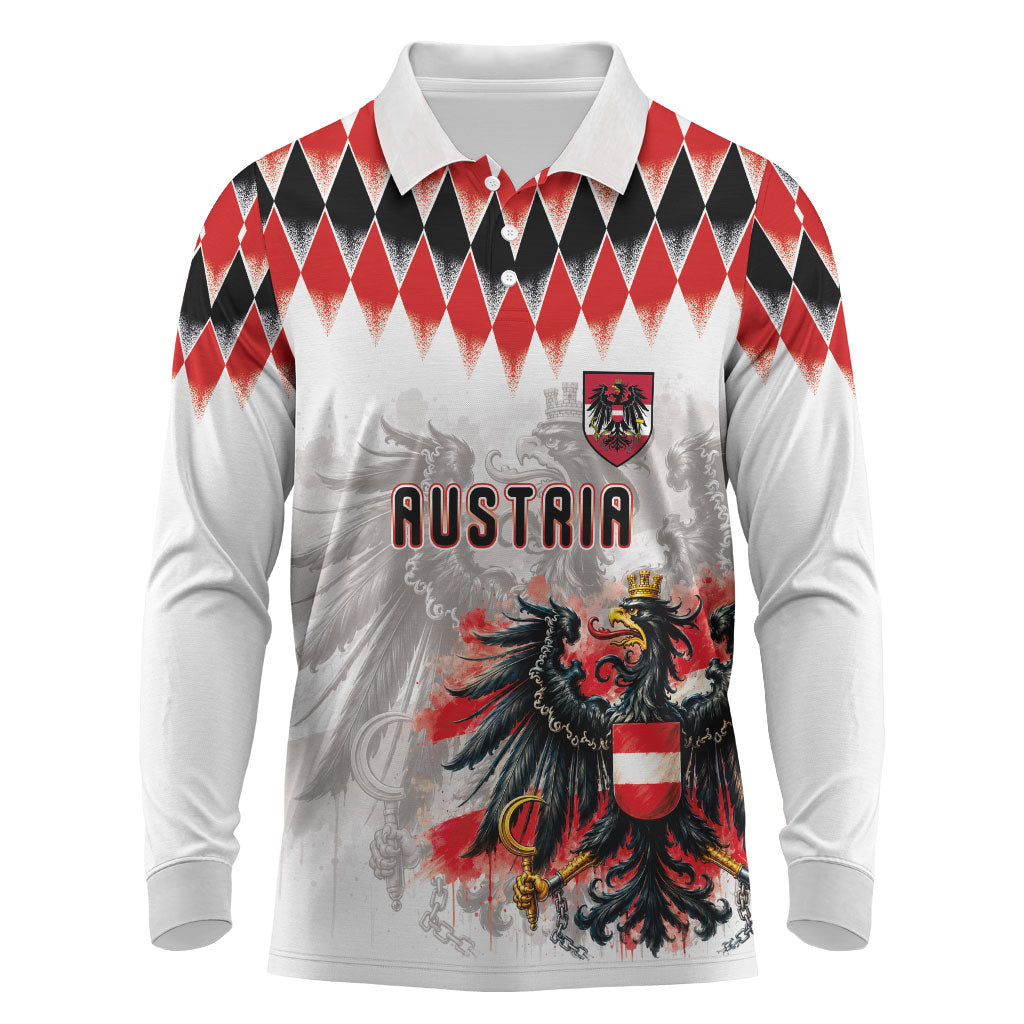 Custom Austria National Football Long Sleeve Polo Shirt Argyle Diamond Pattern with Eagle Watercolor Paint Splash Graphic Art