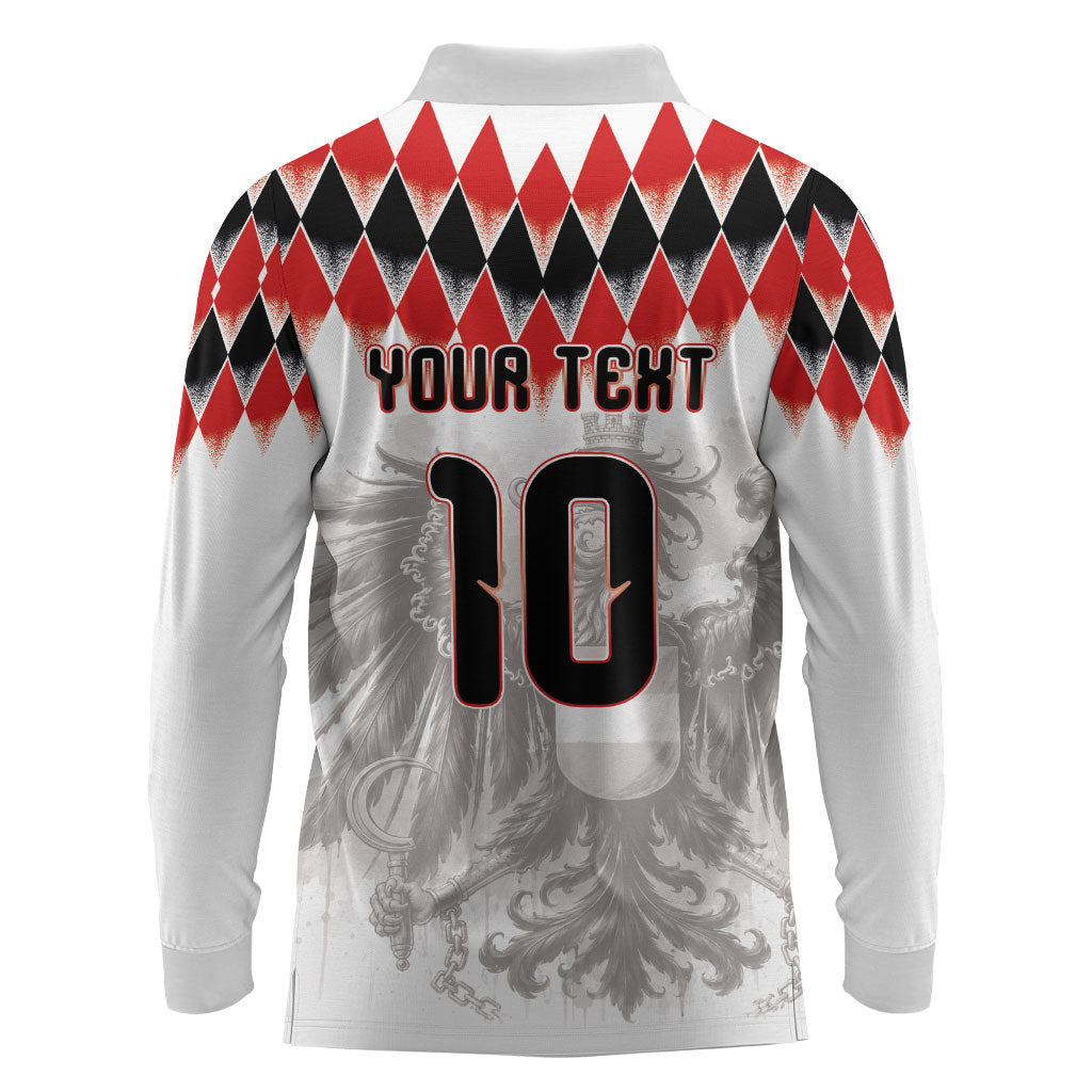 Custom Austria National Football Long Sleeve Polo Shirt Argyle Diamond Pattern with Eagle Watercolor Paint Splash Graphic Art