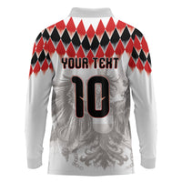 Custom Austria National Football Long Sleeve Polo Shirt Argyle Diamond Pattern with Eagle Watercolor Paint Splash Graphic Art