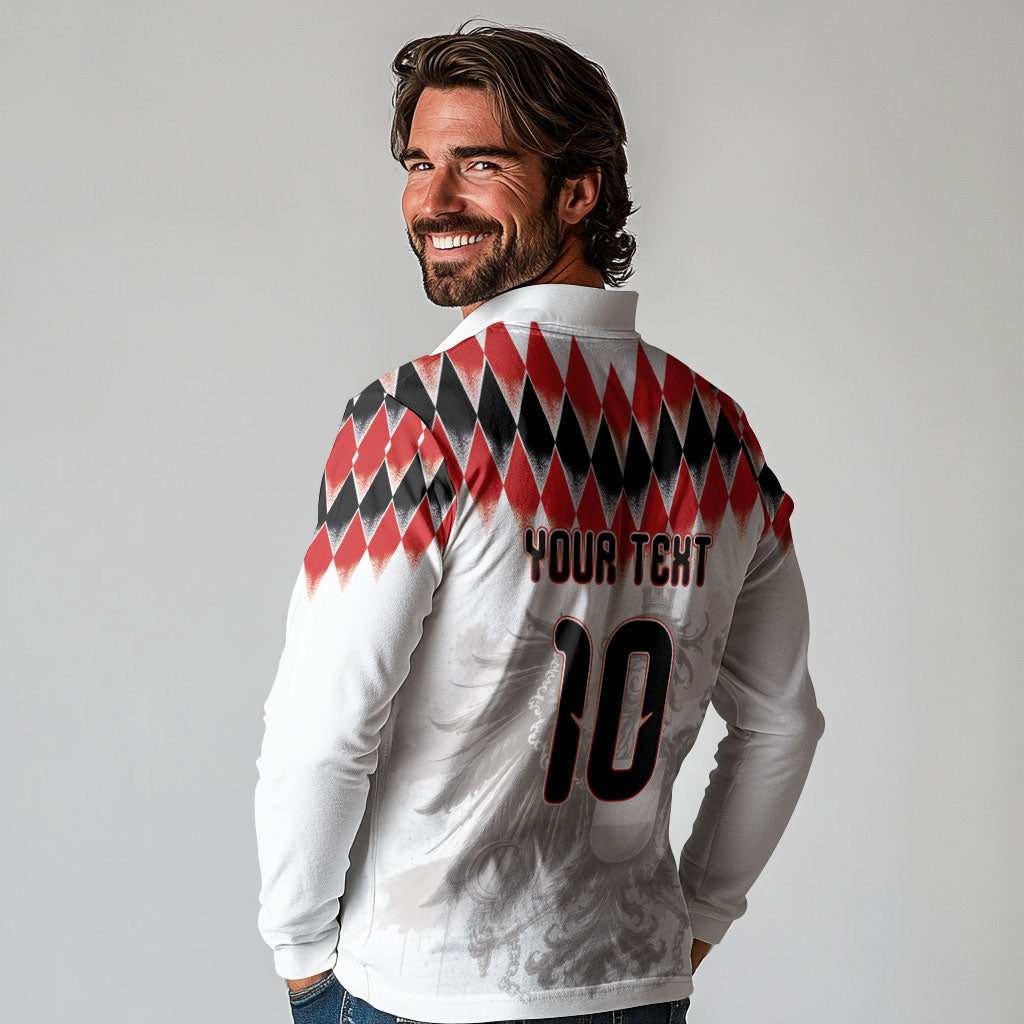 Custom Austria National Football Long Sleeve Polo Shirt Argyle Diamond Pattern with Eagle Watercolor Paint Splash Graphic Art