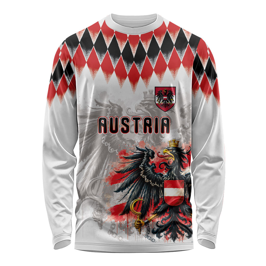 Custom Austria National Football Long Sleeve Shirt Argyle Diamond Pattern with Eagle Watercolor Paint Splash Graphic Art