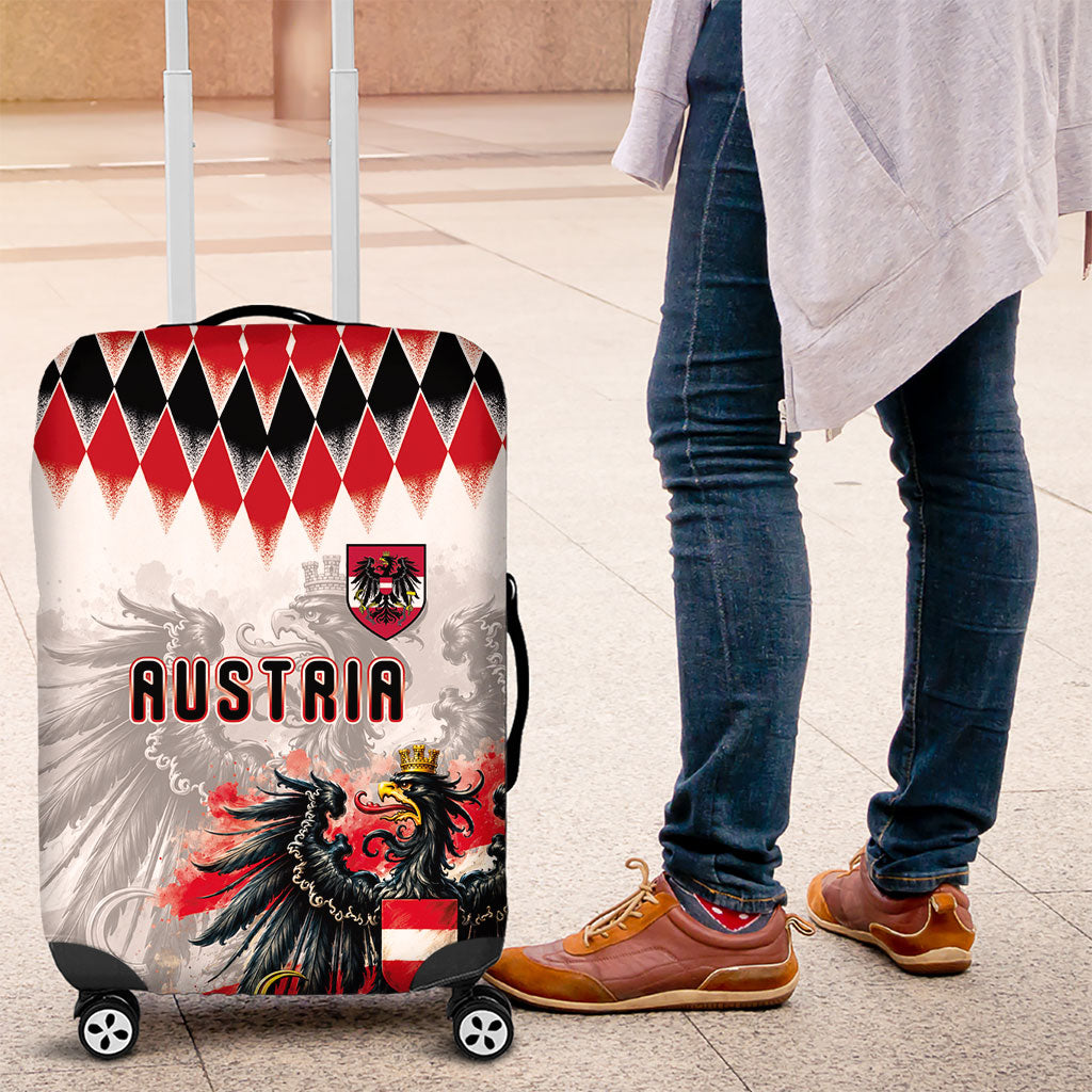 Austria National Football Luggage Cover Argyle Diamond Pattern with Eagle Watercolor Paint Splash Graphic Art