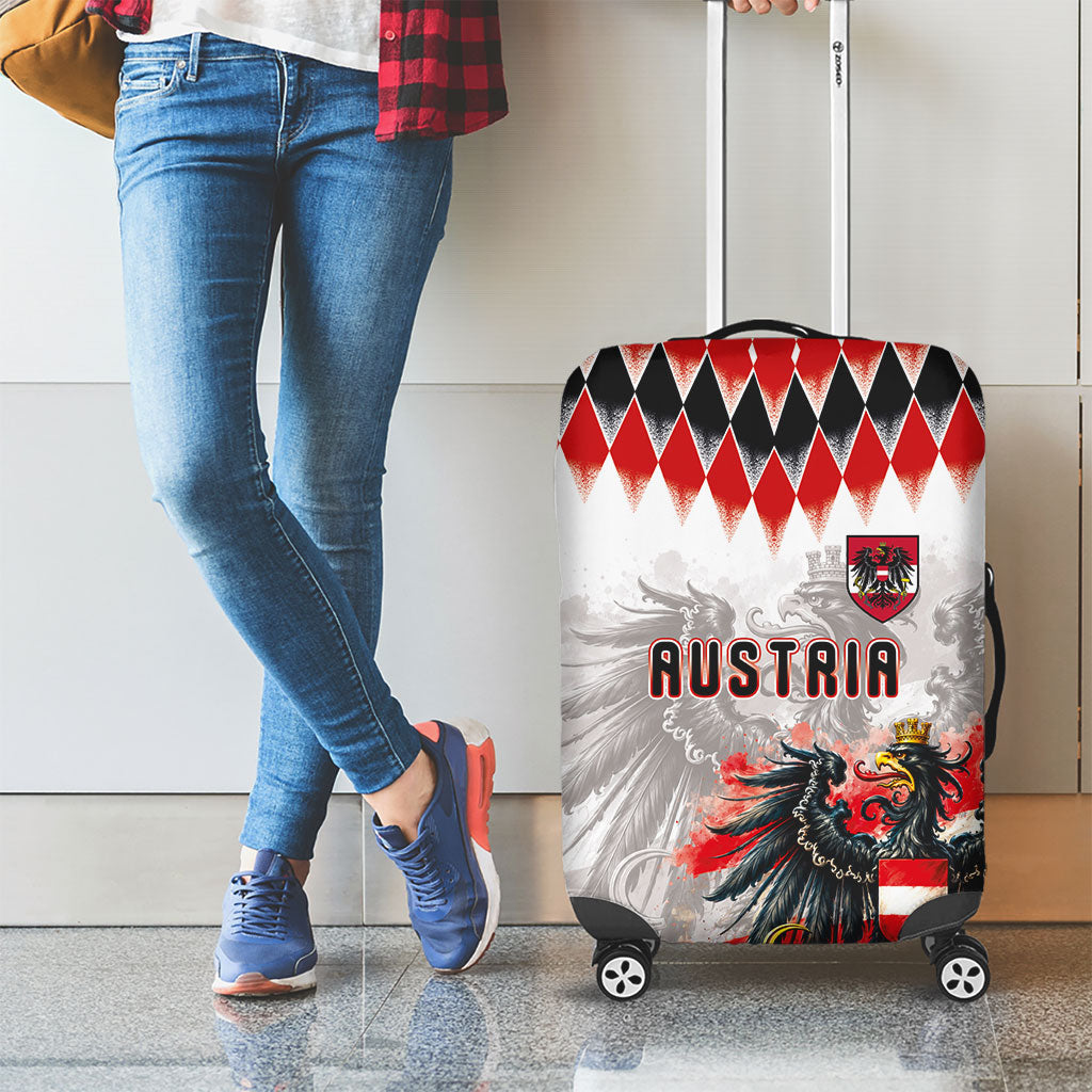 Austria National Football Luggage Cover Argyle Diamond Pattern with Eagle Watercolor Paint Splash Graphic Art