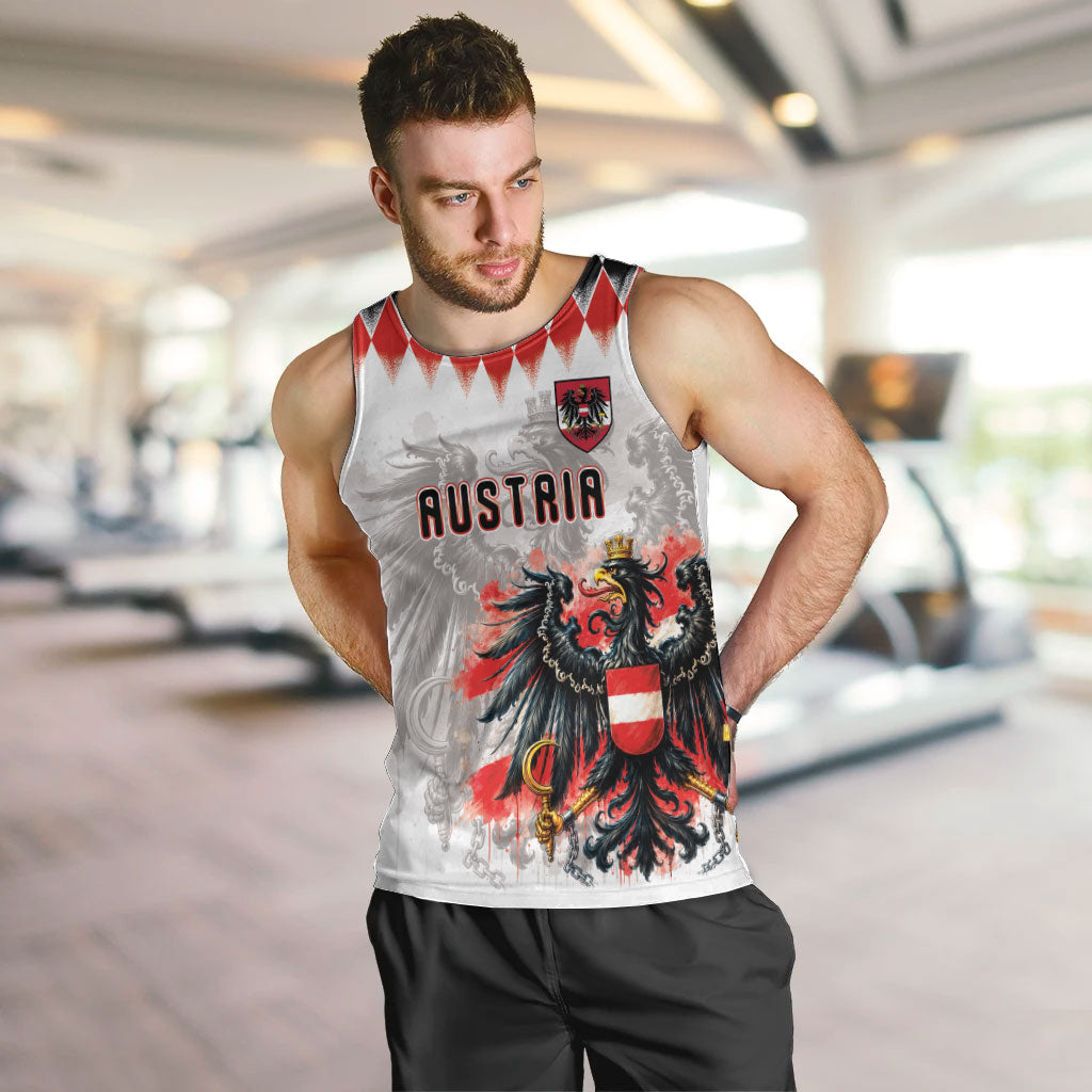 Custom Austria National Football Men Tank Top Argyle Diamond Pattern with Eagle Watercolor Paint Splash Graphic Art