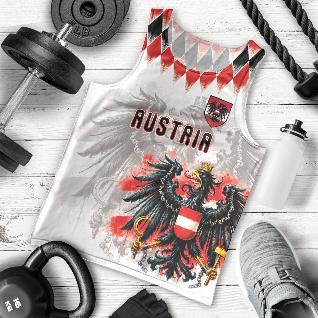Custom Austria National Football Men Tank Top Argyle Diamond Pattern with Eagle Watercolor Paint Splash Graphic Art