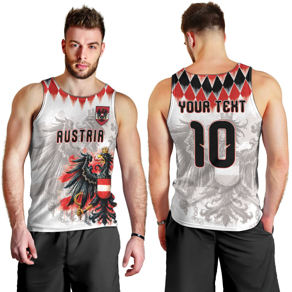 Custom Austria National Football Men Tank Top Argyle Diamond Pattern with Eagle Watercolor Paint Splash Graphic Art