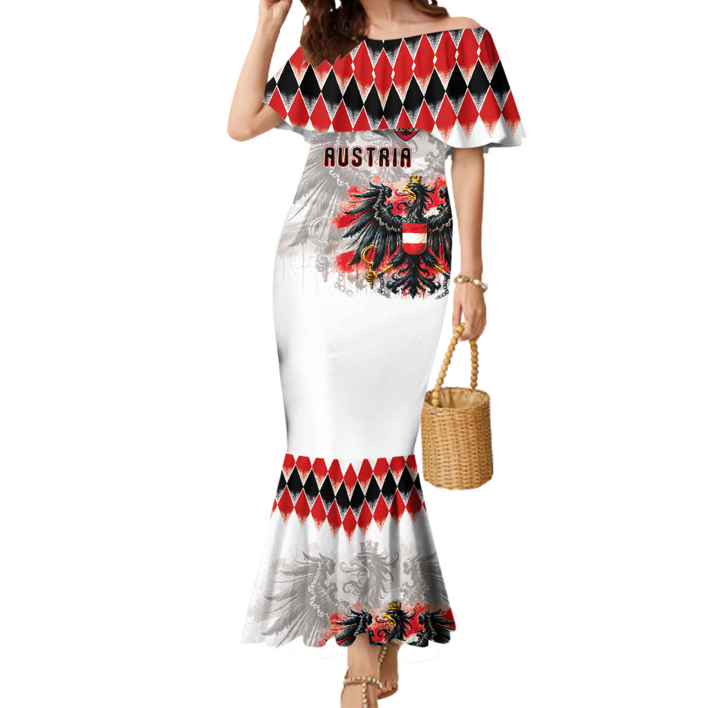 Custom Austria National Football Mermaid Dress Argyle Diamond Pattern with Eagle Watercolor Paint Splash Graphic Art