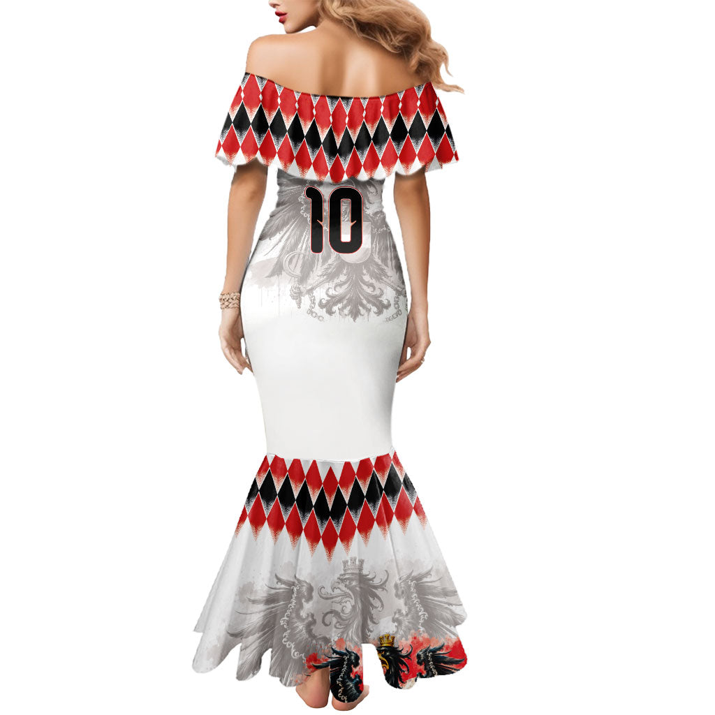 Custom Austria National Football Mermaid Dress Argyle Diamond Pattern with Eagle Watercolor Paint Splash Graphic Art