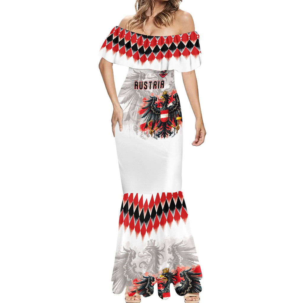 Custom Austria National Football Mermaid Dress Argyle Diamond Pattern with Eagle Watercolor Paint Splash Graphic Art