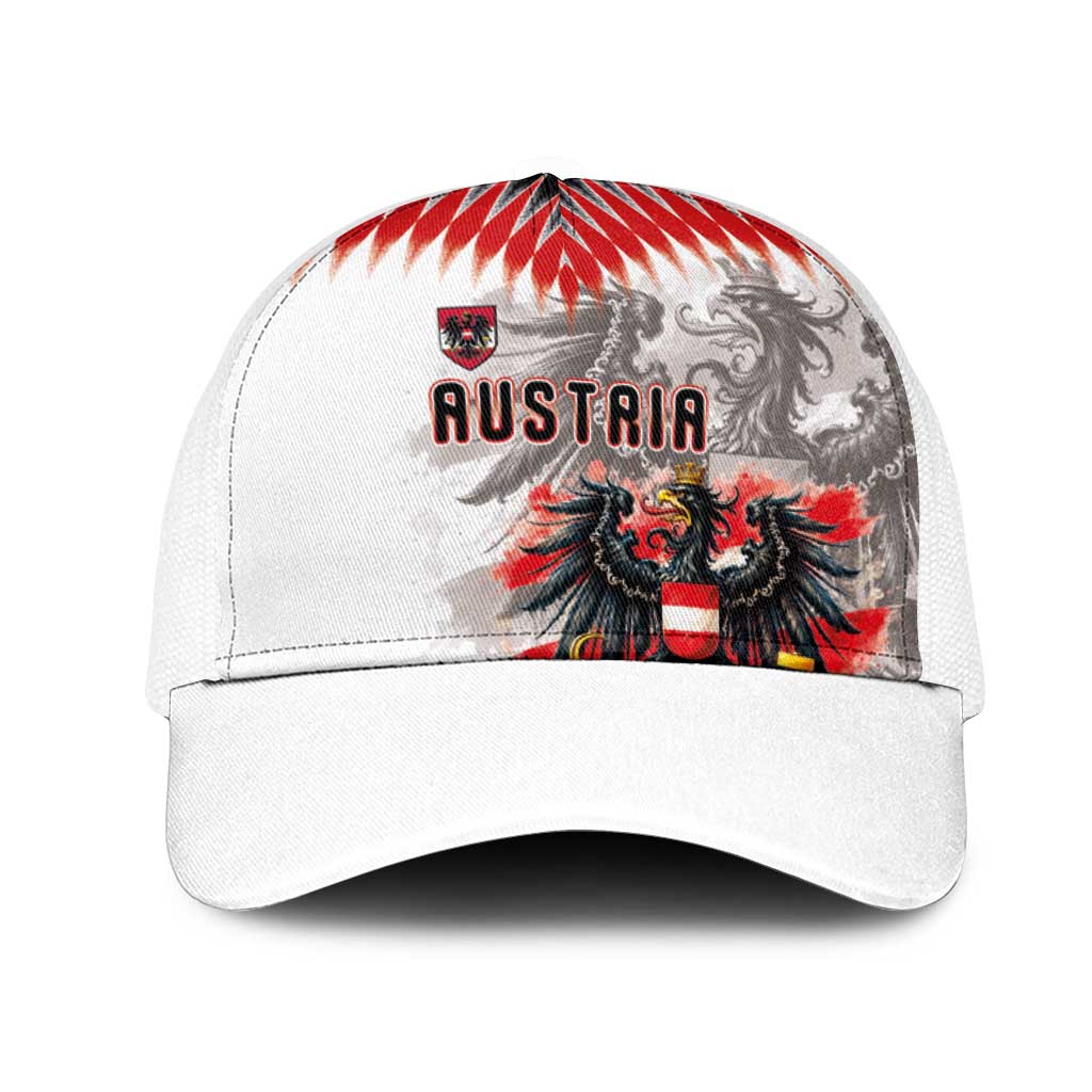 Austria National Football Mesh Trucker Cap Argyle Diamond Pattern with Eagle Watercolor Paint Splash Graphic Art