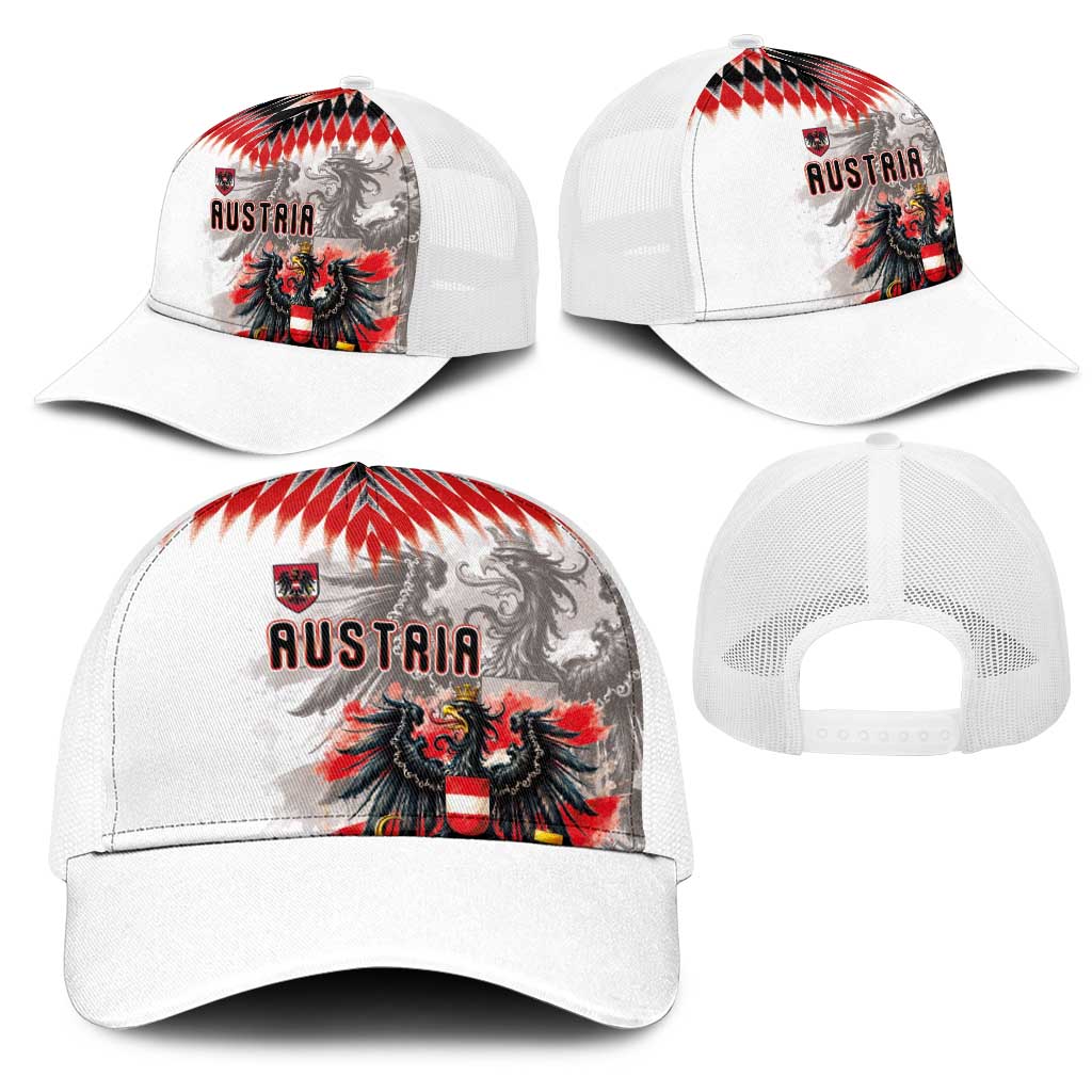 Austria National Football Mesh Trucker Cap Argyle Diamond Pattern with Eagle Watercolor Paint Splash Graphic Art